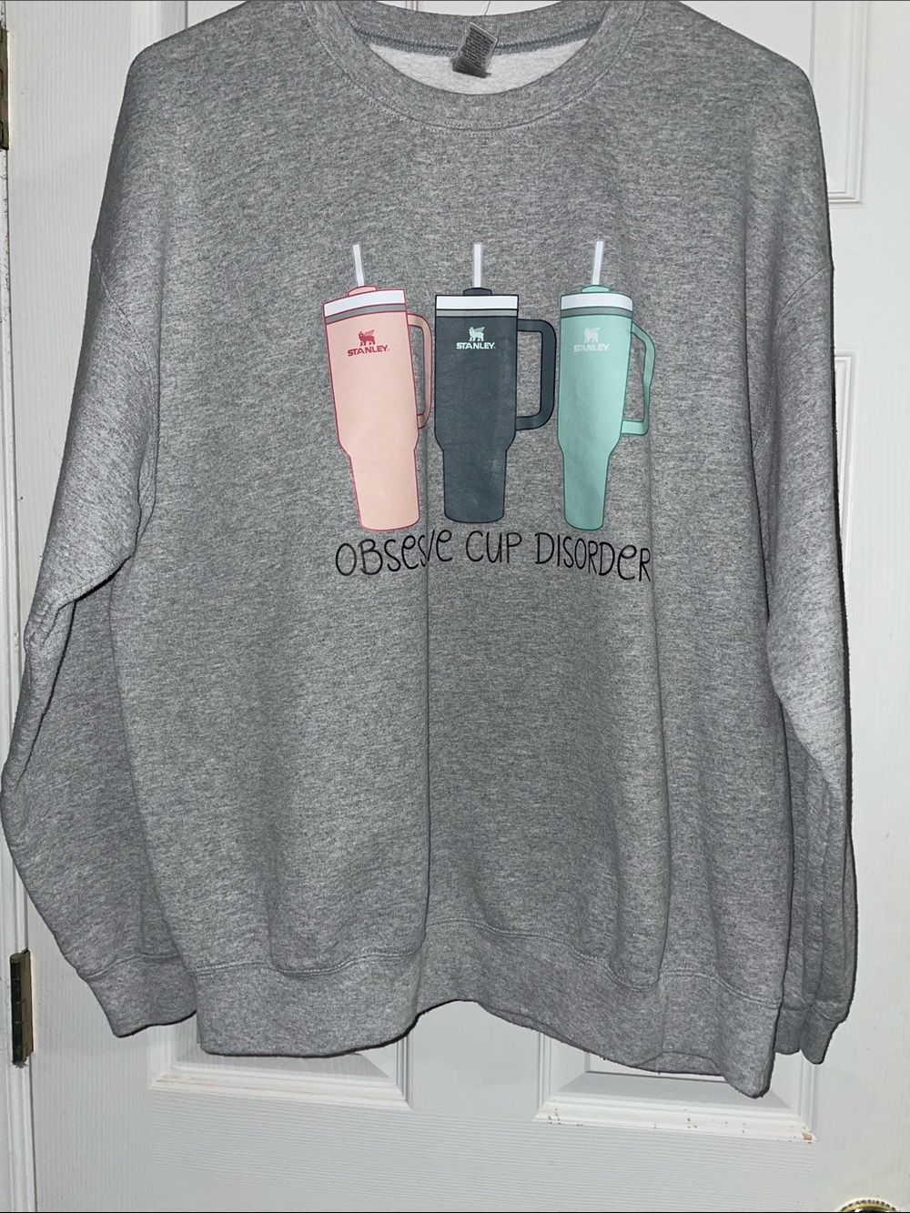 Stanley Gray Crewneck Sweatshirt with Pink, Dark Gray & Mint Cup Graphics Size L